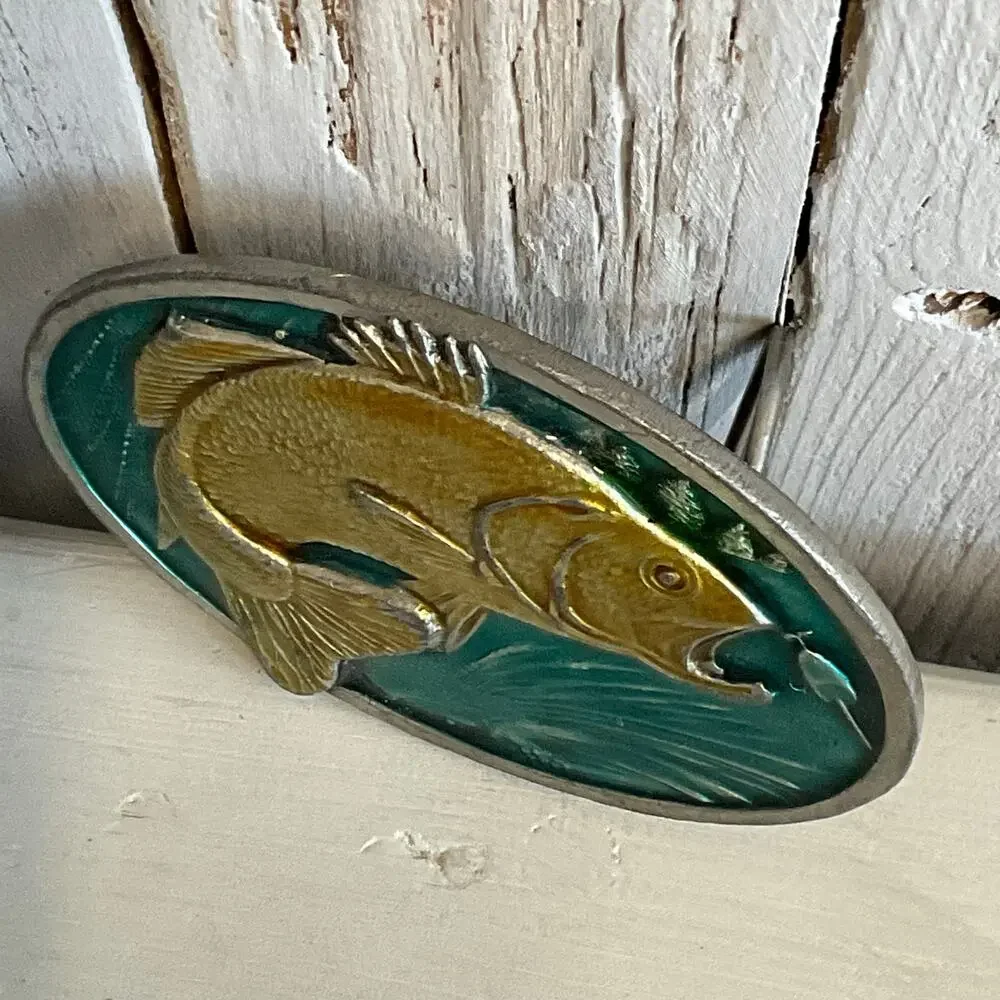 1977 Bass Bergamot Brass Works‎ Belt Buckle USA Angler X144 Retro